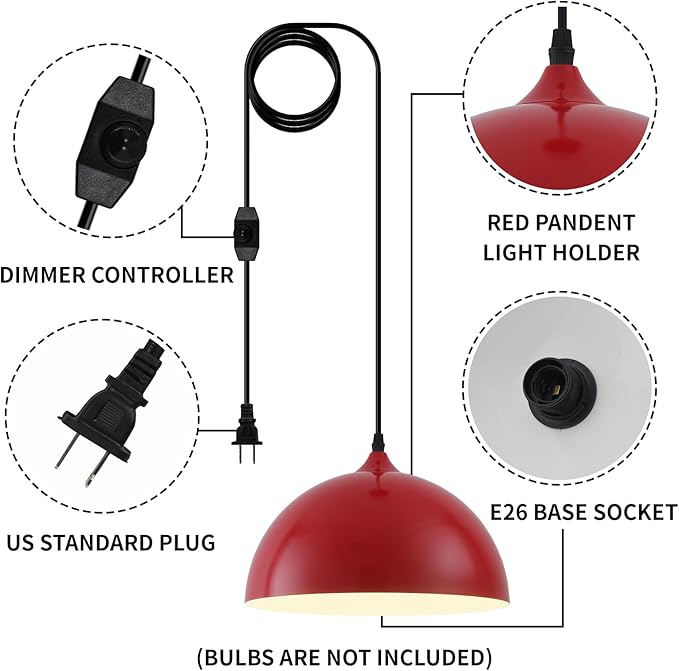 Red Plug in Pendant Light 2 Packs 11.8inch 14.7 ft, Farmhouse Pendant Light, Kitchen Pendant Lights, Pendant Lights Kitchen Island, Hanging Lights with Plug in Cord for Dining Room, Bedroom