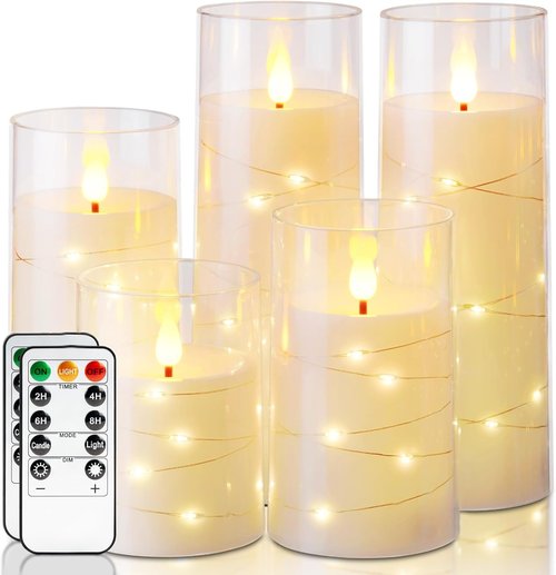 Homemory Flameless Candles - LED Candles with Fairy Lights & Remote Control | Ivory Set of 5 (5", 6", 8", 8")