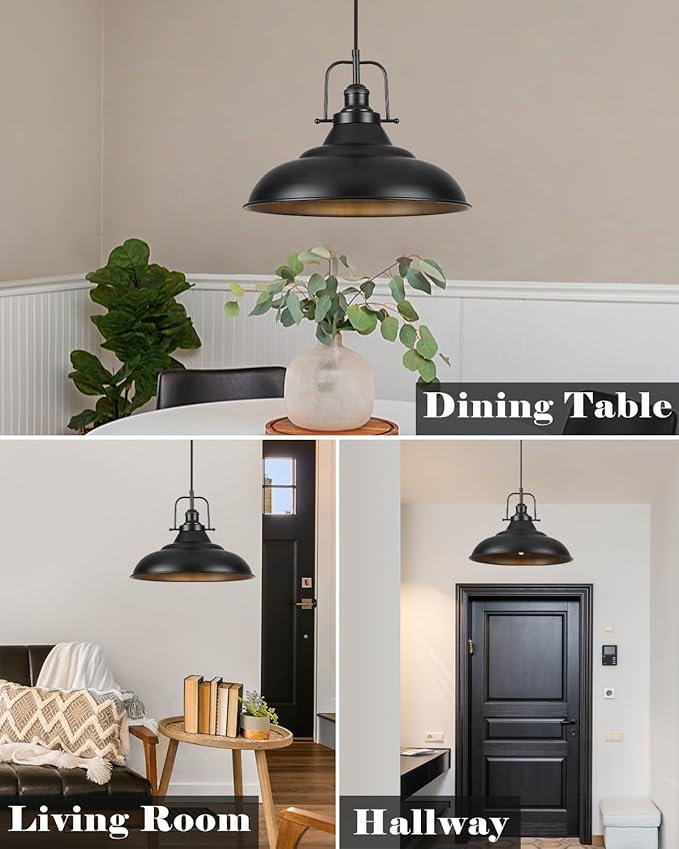 Black Pendant Light,16 Inch Large Industrial Pendant Lights, Matte Black Pendant Lights Kitchen Island, Vintage Farmhouse Pendant Light for Kitchen Island, Dining Room, Hallway (1 Pack)