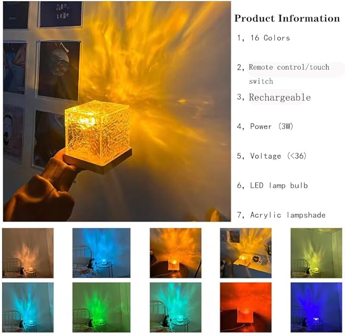 Ocean Wave Projector Light, 16 Colors Rechargeable Luminorthe Cube Lamp with Touch and Remote Control, Bringing Romance and Tranquility