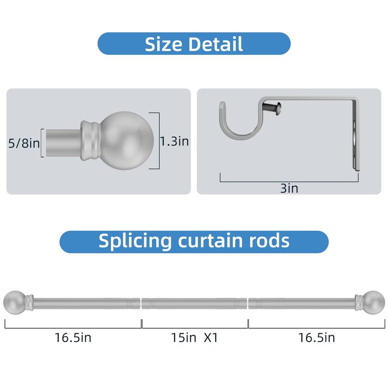 Silver Curtain Rods for Windows 28 to 48 Inch,5/8 Inch Diameter Drapery Rods with Brackets Heavy Duty Curtain Rods for Bedroom