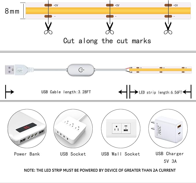 Led Strip Lights 5V USB 6.56ft/2m 640 LEDs Touch stepless Dimmable USB COB LED Strip Light 6500K White 10W Flexible 5v led for Bedroom Kitchen,Room Decor,3D Printing Lighting (3Pack)