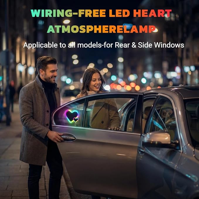 Car LED Ambient Lighting - 7 Colors 8 Modes RGB Solar Powered&USB Charging Two Heart-Shaped Neon Light for Window Car Interior Light Decoration IP65 Waterproof(1Pcs)