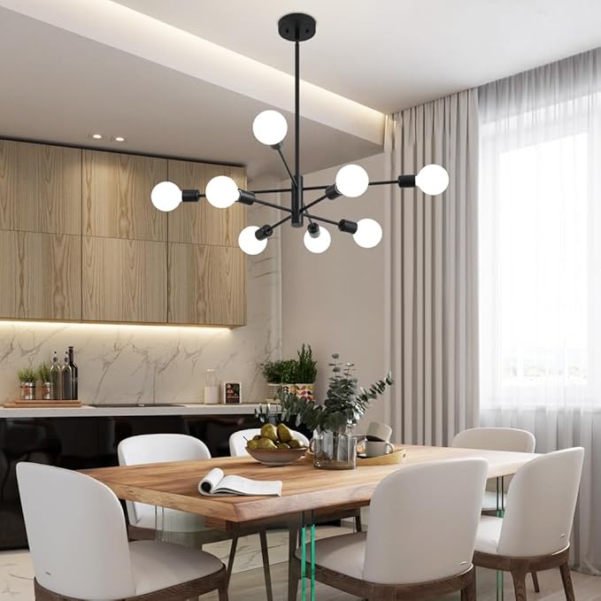Sputnik Chandelier, Black Modern Industrial Chandeliers 8-Light, Mid Century Ceiling Lighting Fixture for Living Room, Kitchen, Bedroom, Dining Room, Farmhouse