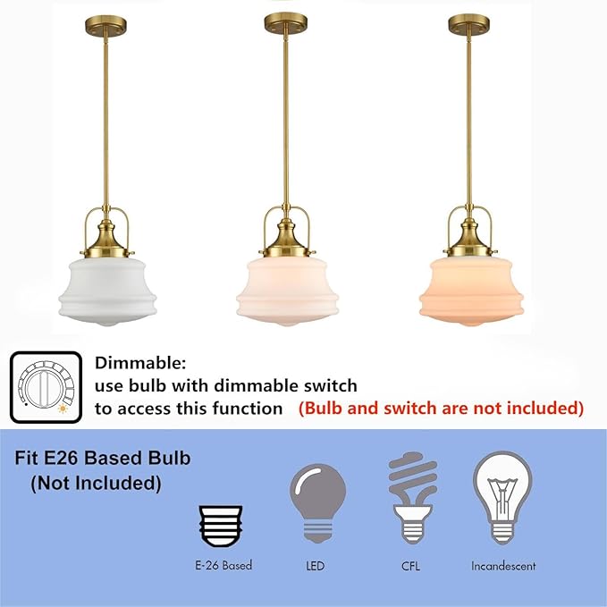 Nautical Gold Pendant Light Fixtures Milk White Glass Schoolhouse Hanging Adjustable Light for Kitchen Bedroom Dining Bathroom
