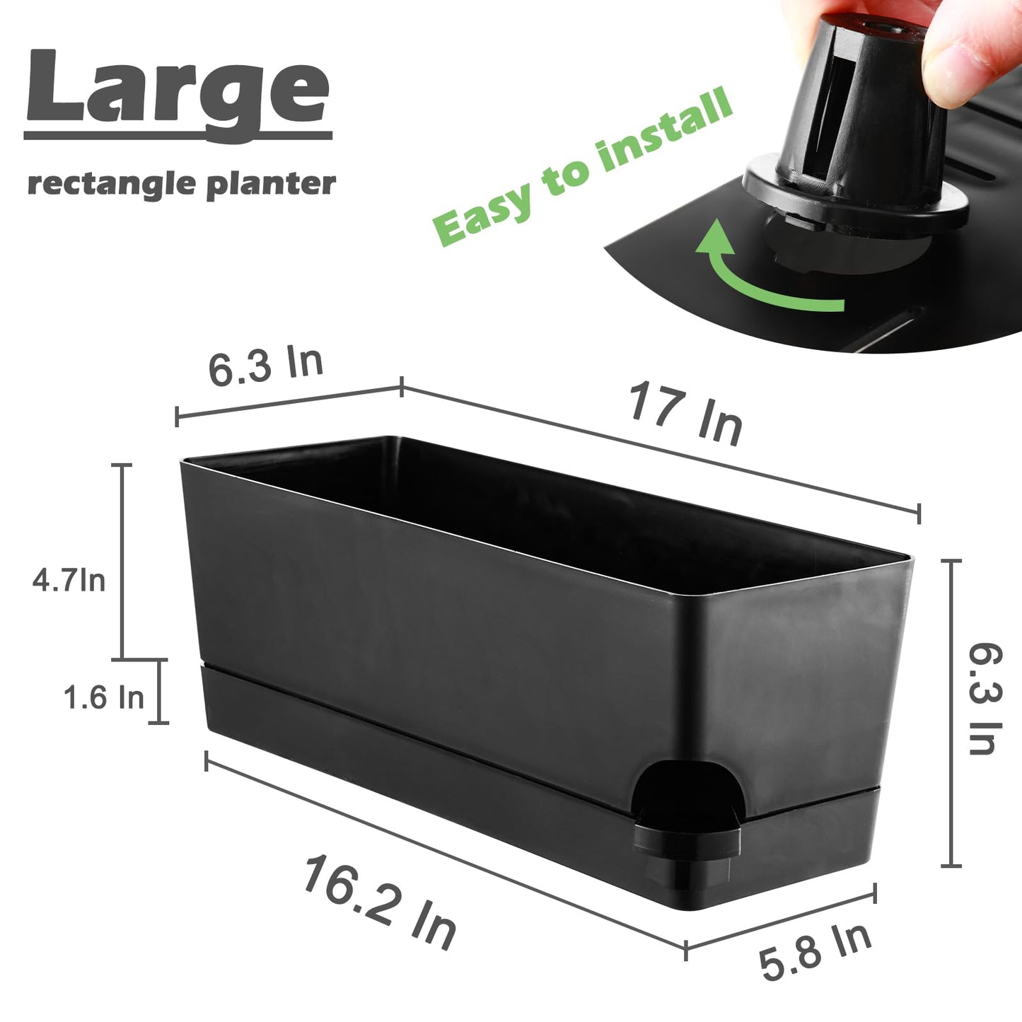Self Watering Pots for Indoor Plants 17 Inches Window Boxes Planters Rectangular Flower Pots Rectangle Herb Pots Large Plant Pots with Drainage Holes and Saucers Windowsill Planter (4, Black)