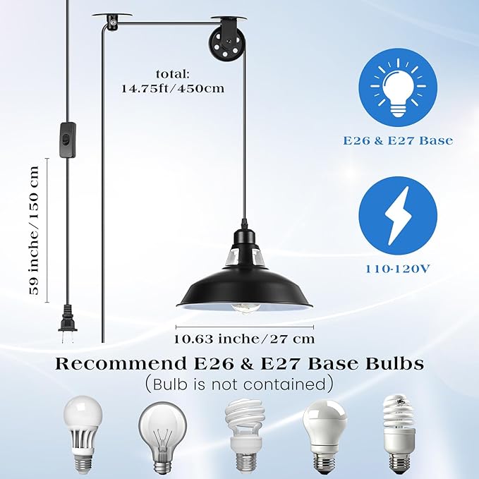 VIHOSE 4 Pcs Industrial Vintage Plug in Pendant Ceiling Light Hanging Lamp E26 E27 Hanging Light Fixtures with Plug in Cord 14.76ft Switch, Metal Adjustable Pulley Wall for Bedroom Restaurant Kitchen