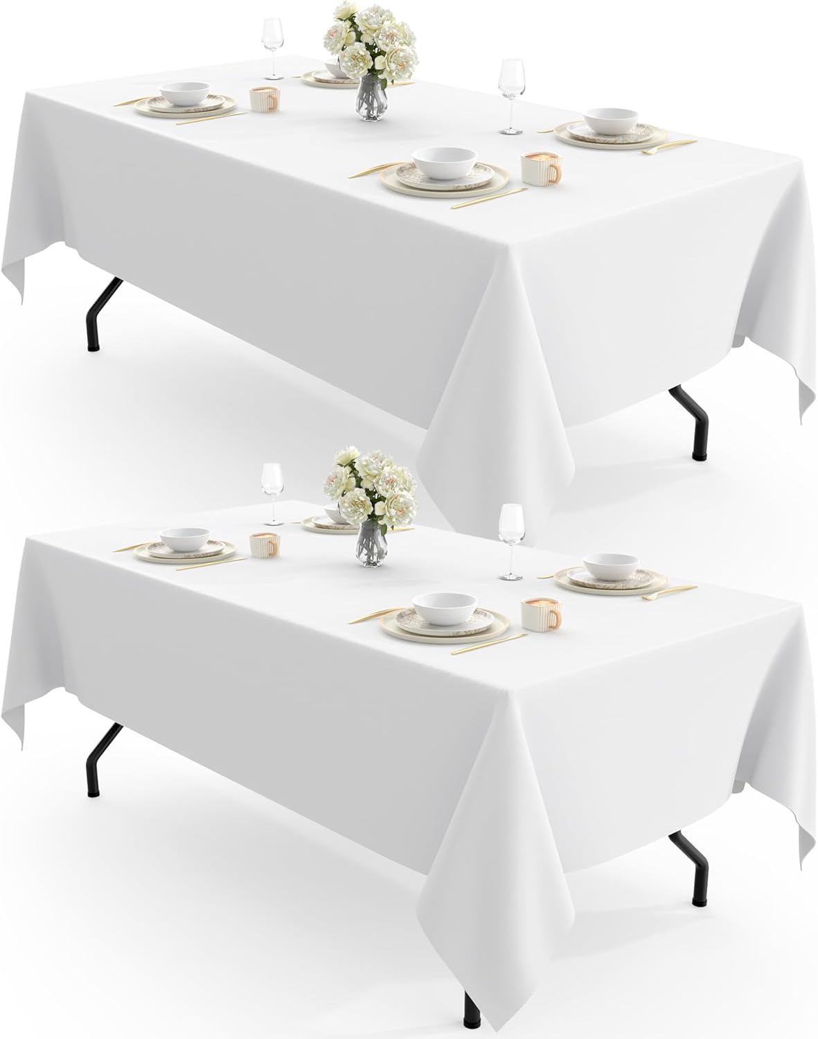 Pureegg Rectangle Table Cloth - Durable 60" x 102" Polyester Tablecloths | Reusable & Washable for Outdoor Events, Weddings, Picnics, 2 Pack, White
