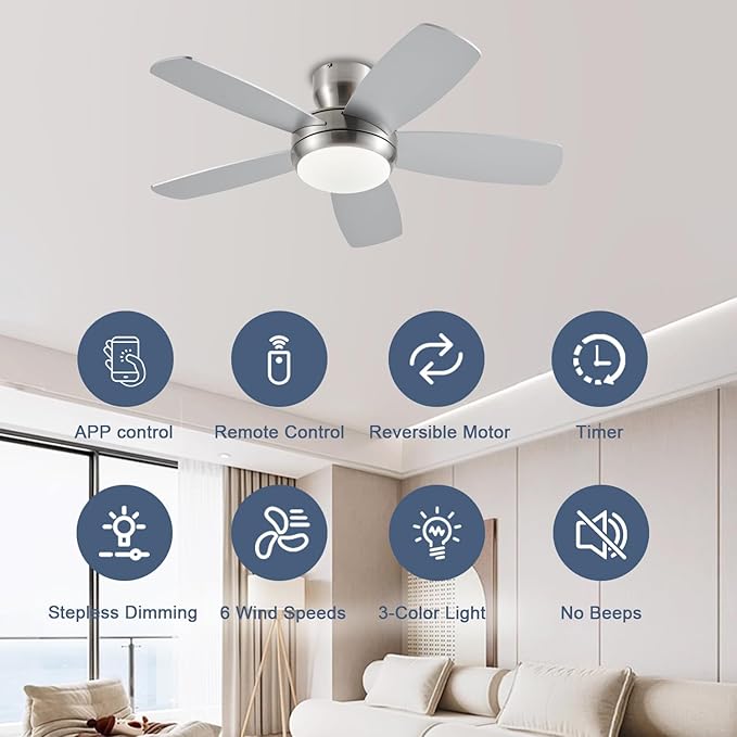 KNUN 42 Inch Ceiling Fan with Light and Remote/App Control, Low Profile Ceiling Fans with Lights,Flush Mount, Double-sided Blades, 3CCT, Dimmable, Noiseless, Nickel Ceiling Fan for Indoor/Outdoor Use