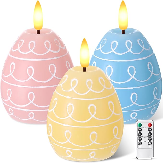 Baquler 3 Pcs Easter Egg Flameless Candles with Timer Egg Shape LED Candle Real Wax Battery Operated Flickering LED Candles Gift No Battery for Easter Party Living Room Home Decor (3 Color)