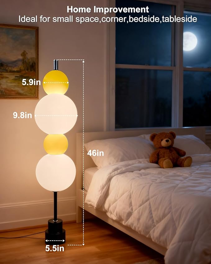 Yellow Globe Floor Lamp - Metal, Gold - 3 CCT (3000K/4000K/5000K) Dimmable LED, Touch Switch, Modern Tall Standing Lamp for Bedroom, Living Room, Home Office