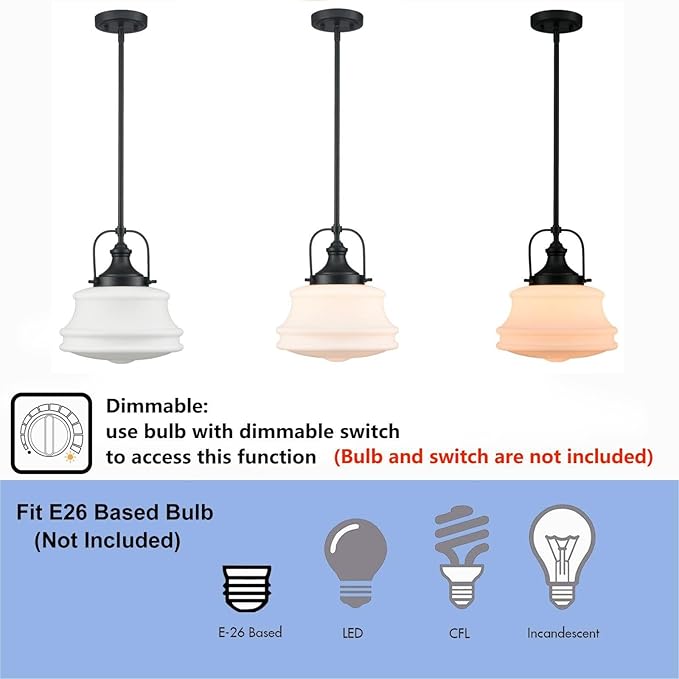 Industrial Pendant Light Fixtures Black Hanging Adjustable Schoolhouse Light Milk White Shade for Kitchen Bar Bedroom Bathroom Dining Room