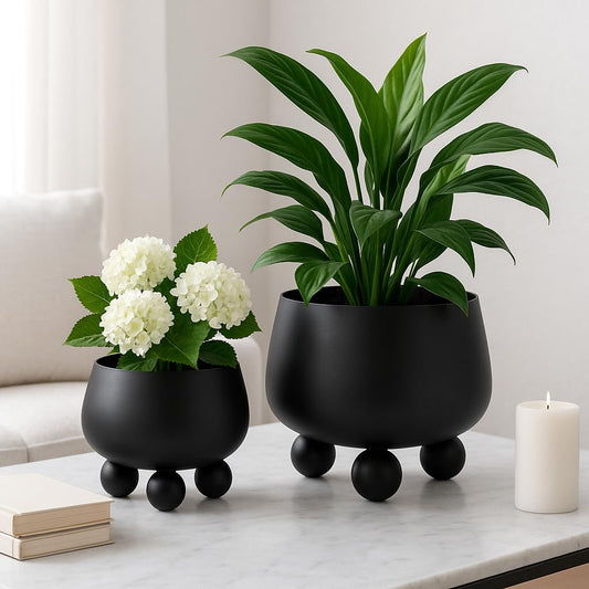 Chic Black Flower Pots and Planters for Indoor Plants Set – Glam Ceramic Planter Set with Modern Design for Home Decor, Orchid Pot, Round Planter, Indoor and Outdoor Planters – 9" & 7", Black