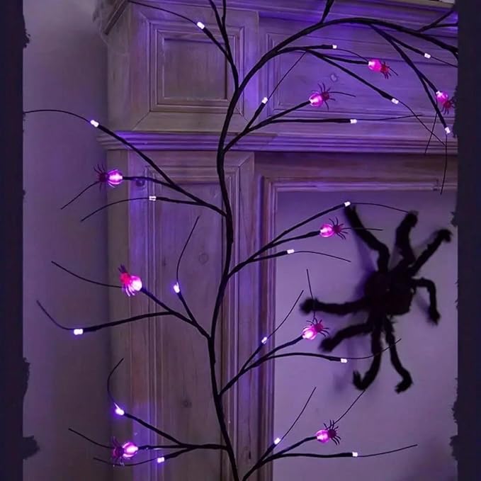 6FT Halloween Spider LED Willow Branch Lights, Artificial Willow Vine Light with 8 Lighting Modes, 18 Purple Spider Battery Operated for Mantle Wall Fireplace Decorations