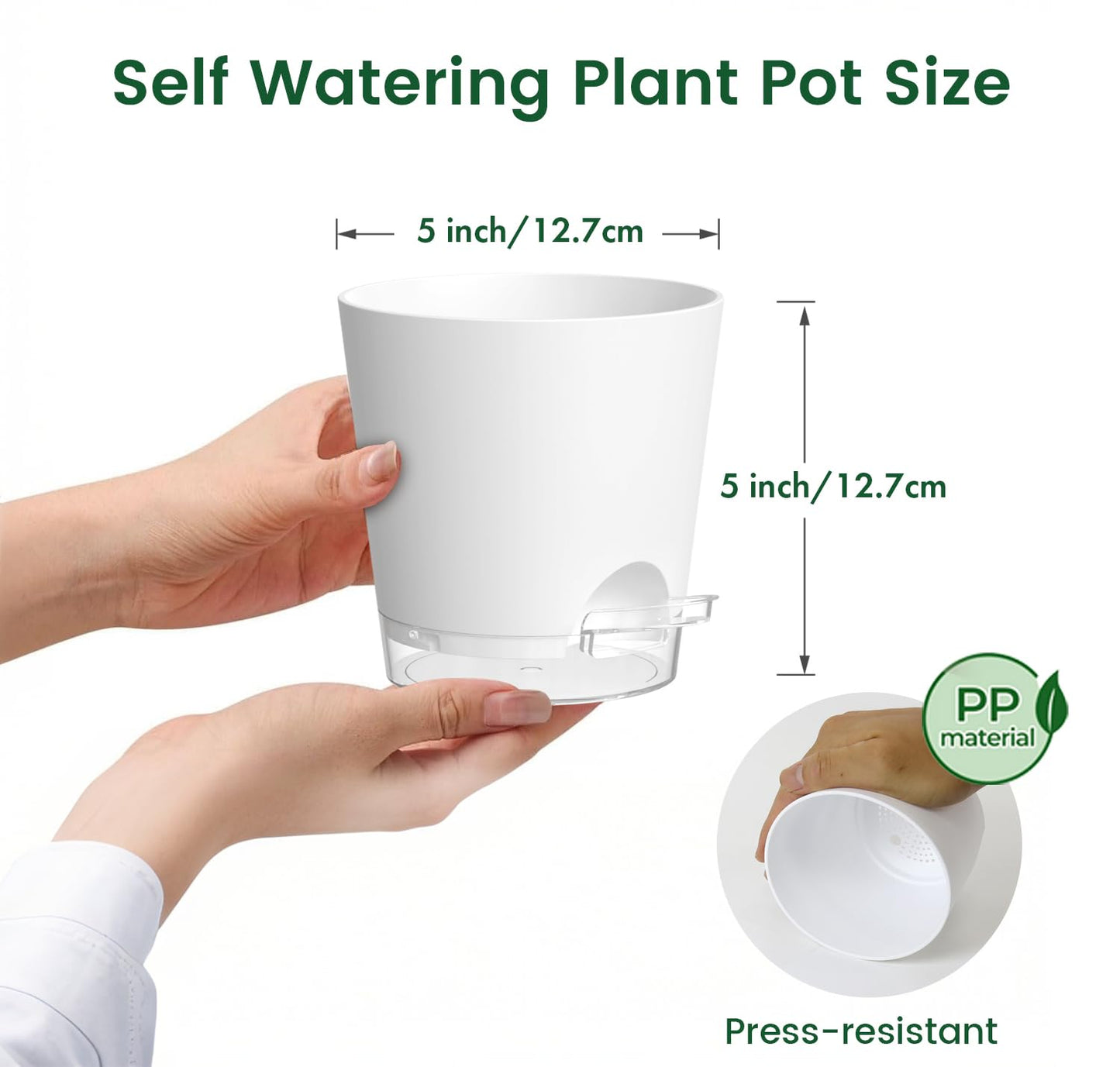 Meowell 5 inch Self Watering Flower Pots for Indoor Plants, 5 Pack Small Plant Pots with Drainage Holes & Clear Reservoir for Visible Water Level, Plastic Wicking Planter Pots for House Plants, White