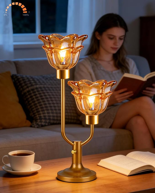 Lightdot Mid Century Modern Flower Table Lamp Gold Dimmable U-Shaped Brown Glass Desk Lamps with 2Pcs 3000K Warmwhite Bulbs Included Bedside Nightstand Lamp for Living Room Bedroom