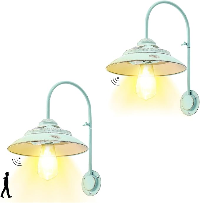 Solar Lights Outdoor Waterproof with Motion Sensor, Solar Barn Lights Outdoor Wireless LED Sconce Lights for Patio Yard Garage Chicken Coop and Shed Farmhouse（Mint Green 2P）