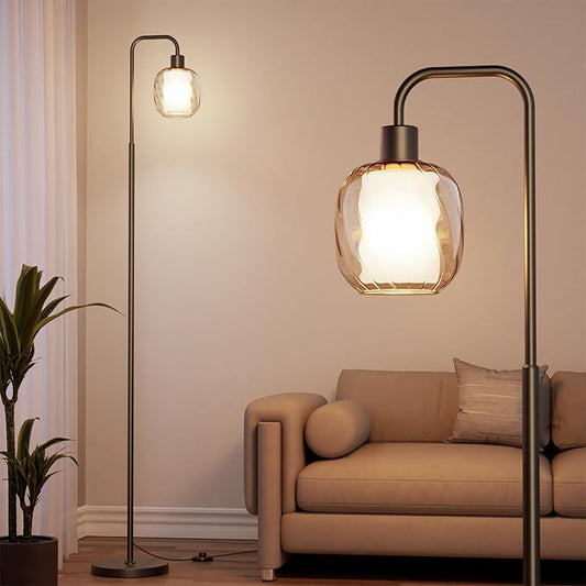 Glass Floor Lamps for Living Room, Modern Standing Lamp with Ceramic & Champagne Gold Ribbed Glass Lampshade, Pedal Switch, 65" Black Industrial Floor Lamp for Bedroom Study Room (with LED Bulb)"