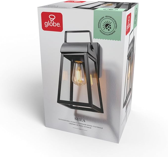 GLOBE Electric 60000029 1-Light Outdoor Wall Sconce, Matte Black, Clear Glass Shade, Porch Light, Wall Lights for Living Room, Patio Décor, Apartment Essentials, Outside House Lights