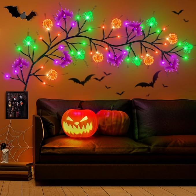 6FT Halloween Decorations Lights Willow Vine Twig Garland with Pumpkin Bat Spider Light, 8-Mode Battery Operated Decoration for Home Wall Table Fireplace Décor