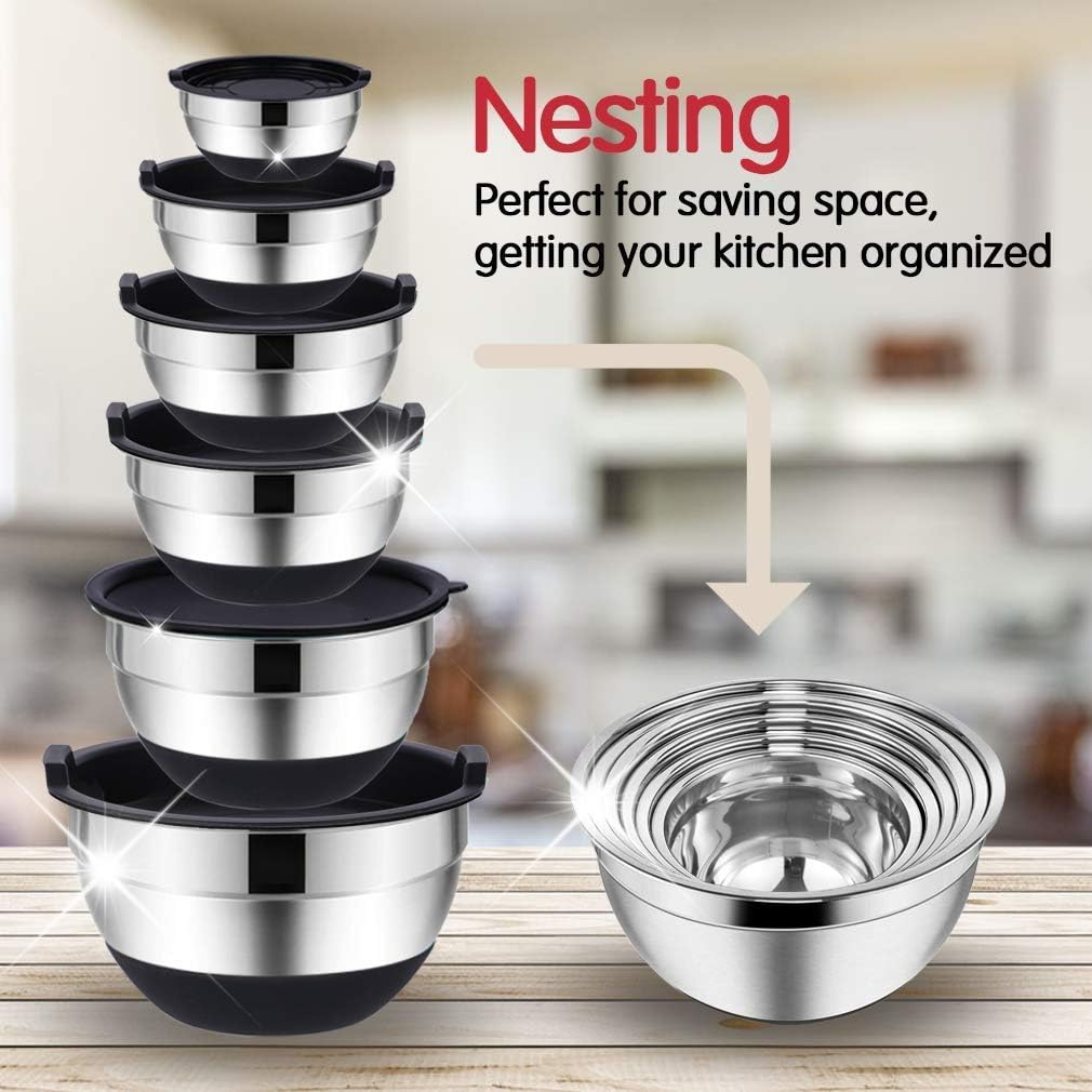 Rottay Mixing Bowls Set - 20PCS Stainless Steel with Airtight Lids & Grater Attachments | Non-Slip Bottoms