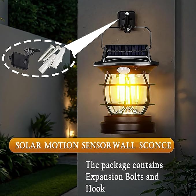 [1200lm] Motion Sensor Solar Lanterns Outdoor Tent Lights Portable Camping Exterior Front Porch Waterproof Table Desk Wall Sconce Lamp Rechargeable Anti Rust Coach for House Doorway Garage 1 Pack