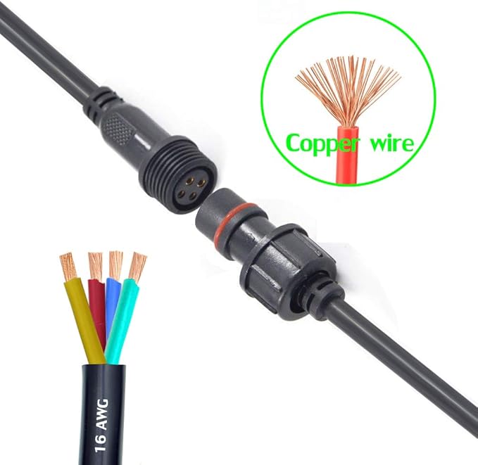 4 Wire Plug Connector,16AWG Male Female Plug LED Connector with IP65 Waterproof Wire Connectors,20CM Extension Cable for Car,LED Strip Lights.