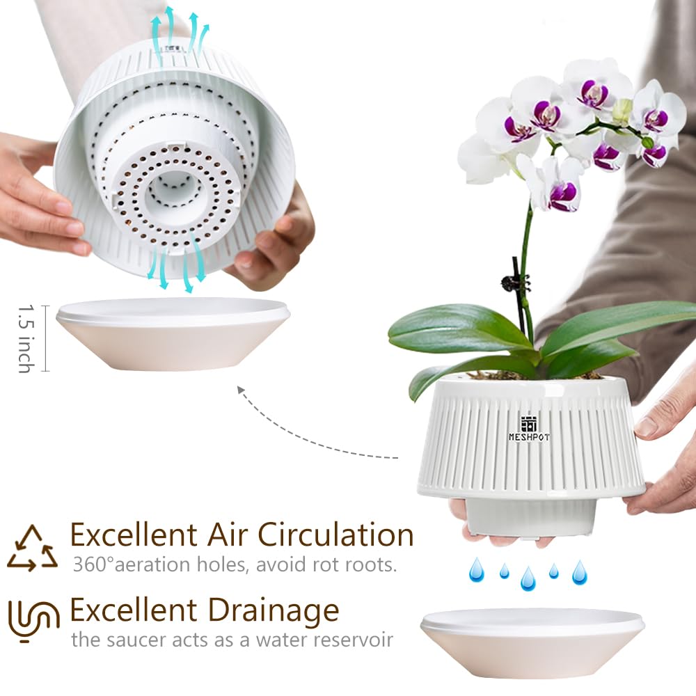 Meshpot 5 inch Orchid Pots with Holes for Repotting,Set of 3,Decorative African Violet Pots with Air-Pruning and Good Air Circulation,Plastic White Orchid Planter with Saucers