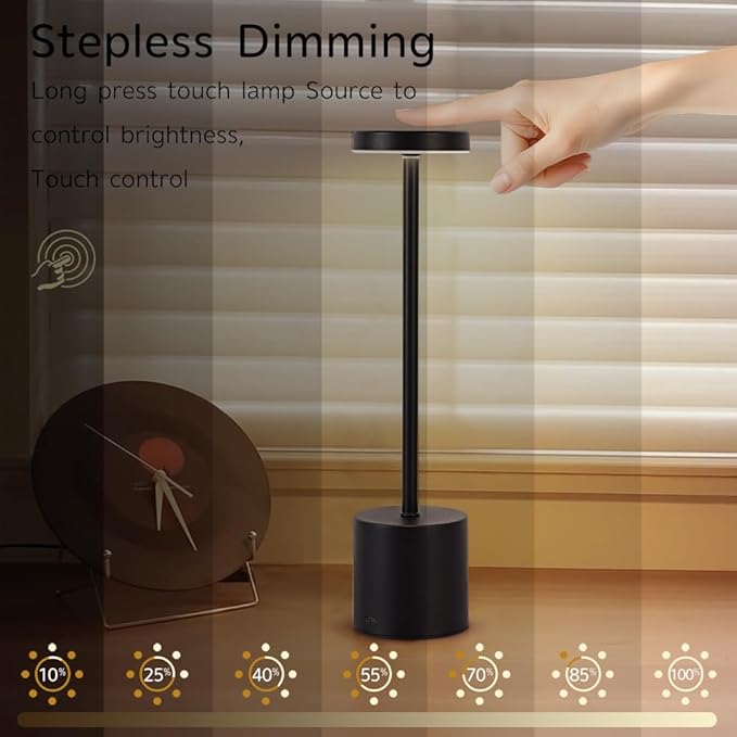 Cordless Table Lamp Set of 2, 5000mAh Rechargeable Battery Powered LED Table Light, Portable Touch Dimming Outdoor Touch Lamps,3 Color Light for Restaurant,Patio,Bedroom,Camping,Cofee (Black)