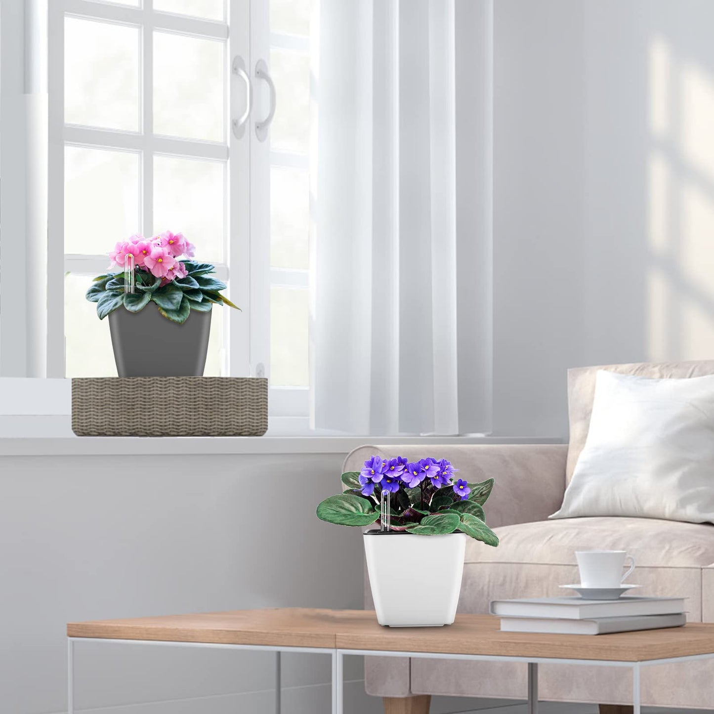 GS Garden Self Watering Planters for Indoor Plants : 5 inch 6 Pack Grey Planter with Water Level Indicator African Violet Self Watering Flower Pot for Herb Pot House Plant Planting