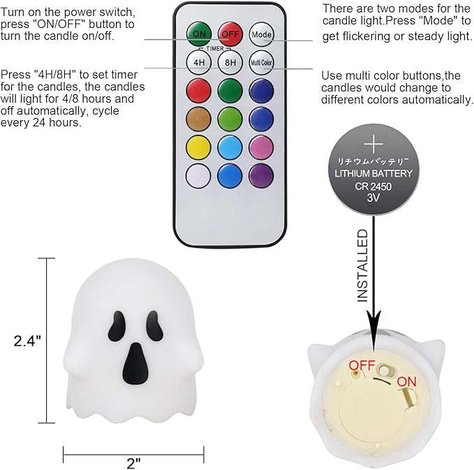 DRomance Halloween Ghost Lights Flameless Candles Battery Operated with Remote and Timer 6 Pack Color Changing LED Small Votive Candles Spooky Halloween Indoor Deocration(2 x 2.4 Inches)