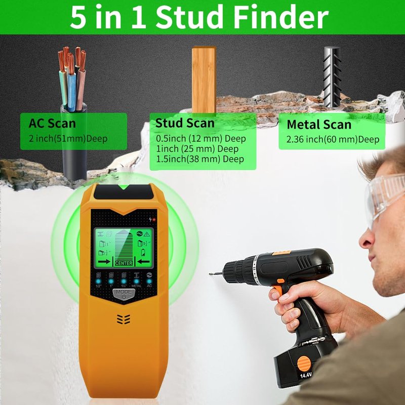 Stud Finder Wall Scanner, 5 in 1 Stud Detector with HD LCD Display for Center and Edge of Wood Metal AC Wire