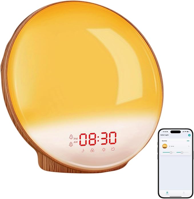 Smart Sunrise Alarm Clock with No Signup APP Control & Wake-Up Light, 4 Alarms, White Noise, FM Radio, Wireless Speaker, Wood Grain