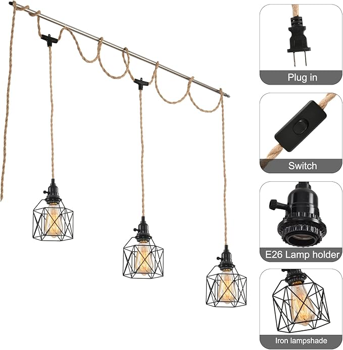 3-Light Hanging Light with Plug in Cord,Plug in Pendant Light 22ft Hemp Rope Pendant Lighting Vintage 3-Light Hanging Lamp Fixtures for Kitchen Island Living Room Bedroom