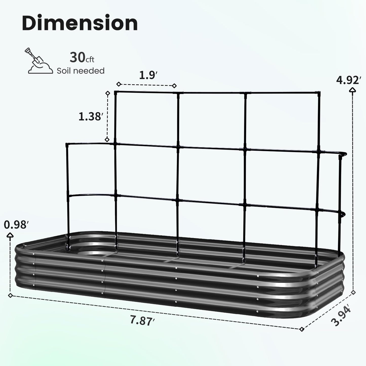 KING BIRD Raised Garden Bed with Wall Trellis Galvanized Planter Garden Box Outdoor for Gardening, Climbing Vegetables, Flowers 7.87x3.94x0.98 Ft, Dark Grey