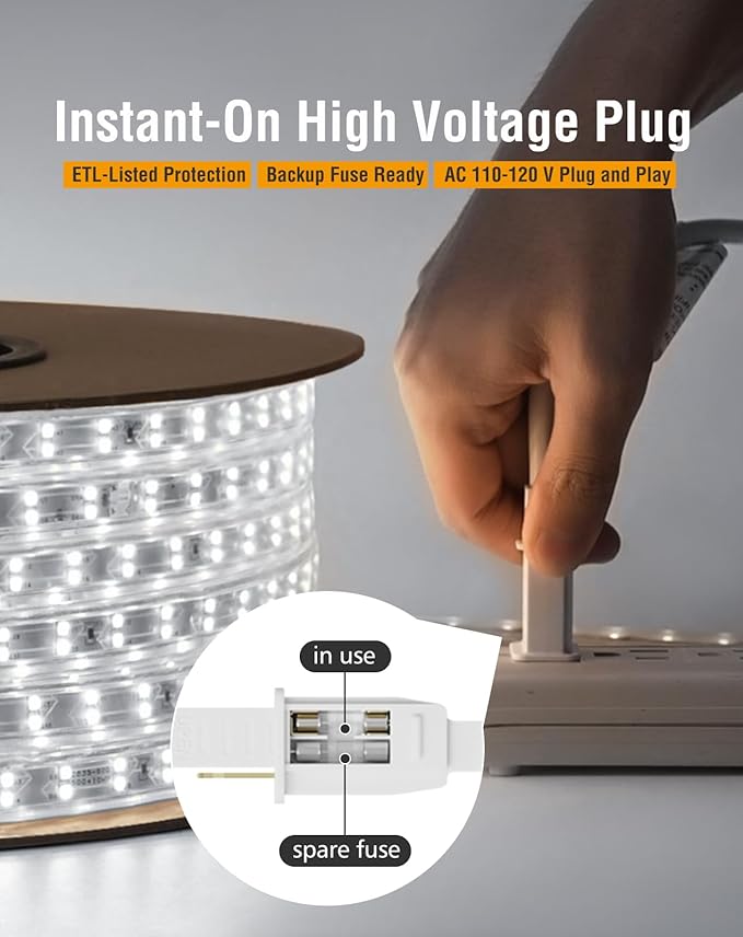 Shine Decor Plus LED Strip Lights AC 120V, Connectable Double Row Bright Rope Light, ETL IP65 Waterproof & Weather-Resistant for Accent Lighting, 7x17mm, 6000K Cool White, 131FT