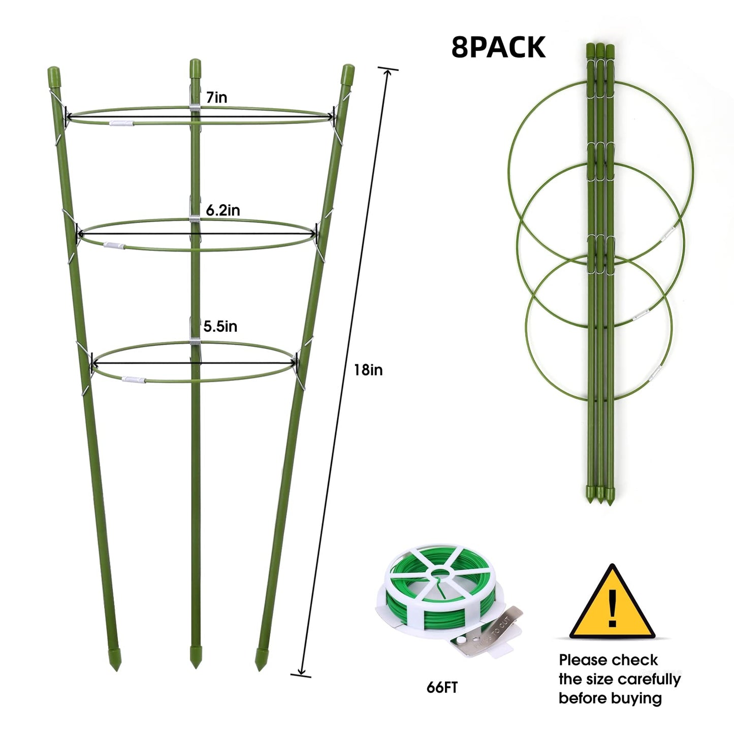 TOCCYARD 8 Pack Plant Support Tomato Cages for Garden, 18 Inches Small Tomato Cages and Supports with Adjustable Rings for Garden Pots, Plant Stakes Tomato Trellis Rings for Climbing Plants