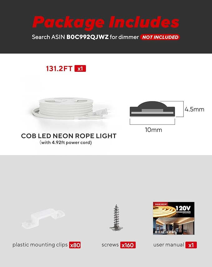 Shine Decor COB LED Rope Light AC 120V, 800lm Ultra Bright, IP65 Waterproof Cold-Resistant ETL Neon Strip, No Driver Tape Lighting for Home Commercial 10x4.5mm, 2800K Warm White, 131.2ft