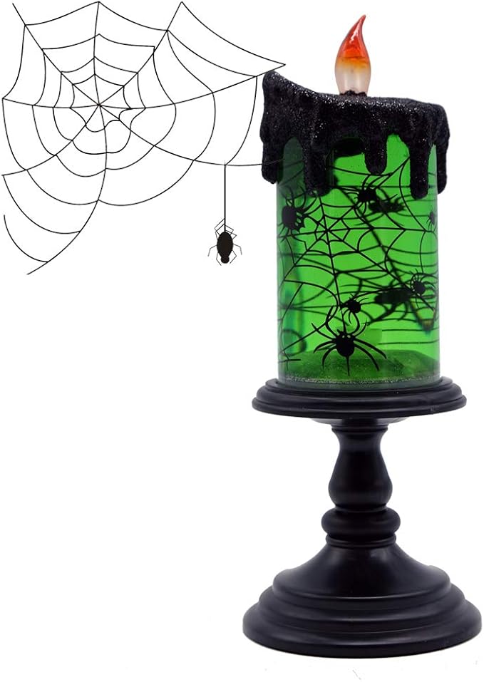 DRomance Halloween Flameless Candle Snow Globe Battery Operated with 6 Hour Timer, Green Light Spider Decal Water Tornado Lamp LED Candlestick Halloween Season Decor Gift 4 x 10 Inches