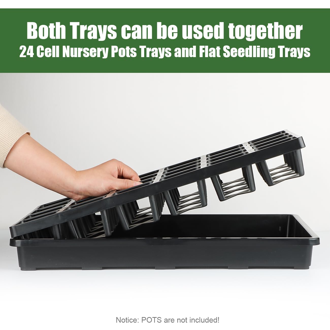 RooTrimmer 24 Cell Nursery Pots Trays (17"x11"x2") with Plastic Flat Seed Starter Trays, Durable Carrying Seedling Starter Tray, Reusable Planting Tray for Holding 2.7 inch Nursery Pots, 3 Sets Combo