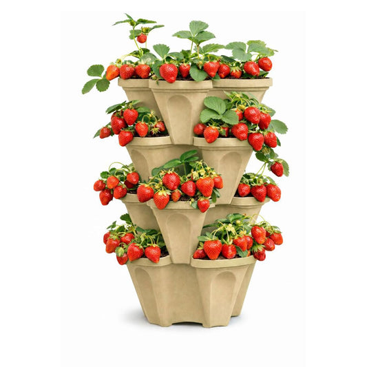 Stackable Vertical Planter Tower, 4 Tier Strawberry Planter,16 Plant Sites, Space Saving Garden Planter for Vegetables & Herbs, Indoor Outdoor, Made in USA (Desert Sand)