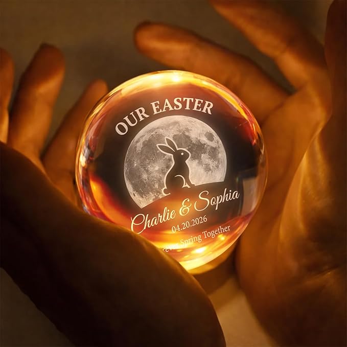 Personalized Our Easter Crystal Ball LED Night Light, Custom Couple Name Bunny Moon Glass Globe Lamp with Wooden Base, Romantic Easter Keepsake Gift for Him Her Anniversary Décor