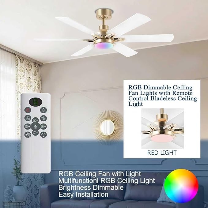 52in Ceiling Fans with Lights RGB Ceiling Fan with Light and Remote/APP Control,Low Profile Ceiling Fans with Lights for Bedroom,Living Room,Kids Room,3CCT Dimmable Modern Ceiling Fan, 6 Speeds,white