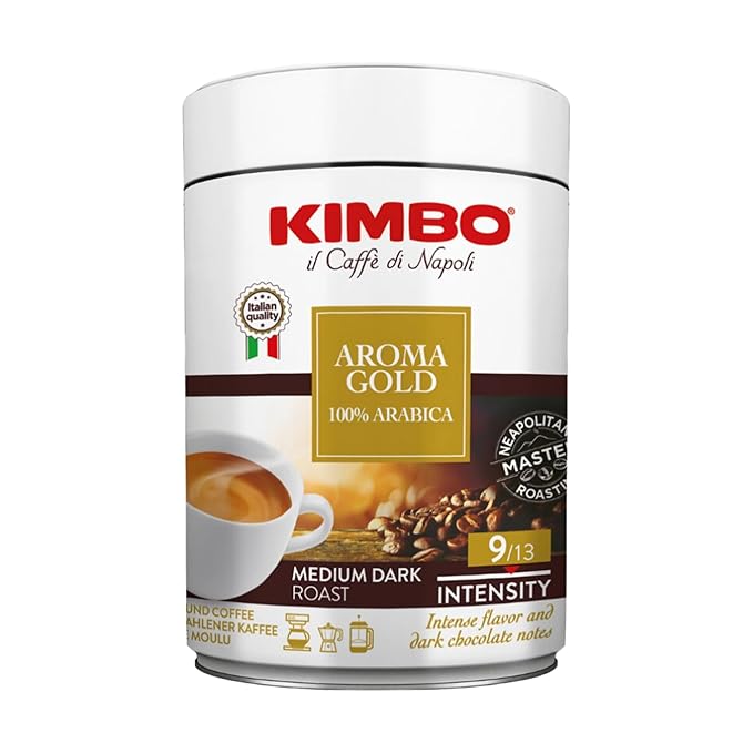 Kimbo Aroma Gold 100% Arabica Ground Coffee | Medium Dark Roast | 9/13 Intensity | Intense Flavor & Dark Chocolate Notes | 8.8 oz Can - Pack of 3