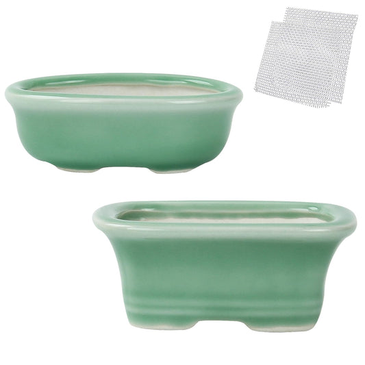 Bonsai Planter Succulent 3.7-3.9" (9-10cm) Mini Green Pots Value Set of 2
