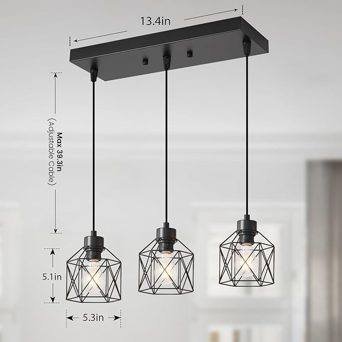 3-Light Hanging Pendant Light Fixtures, Farmhouse Kitchen Island Light Fixture, Industrial Hanging Pendant Lighting for Dining Room Bedroom Hallway, Black Metal Cage Pendant Lamp, E26 Base