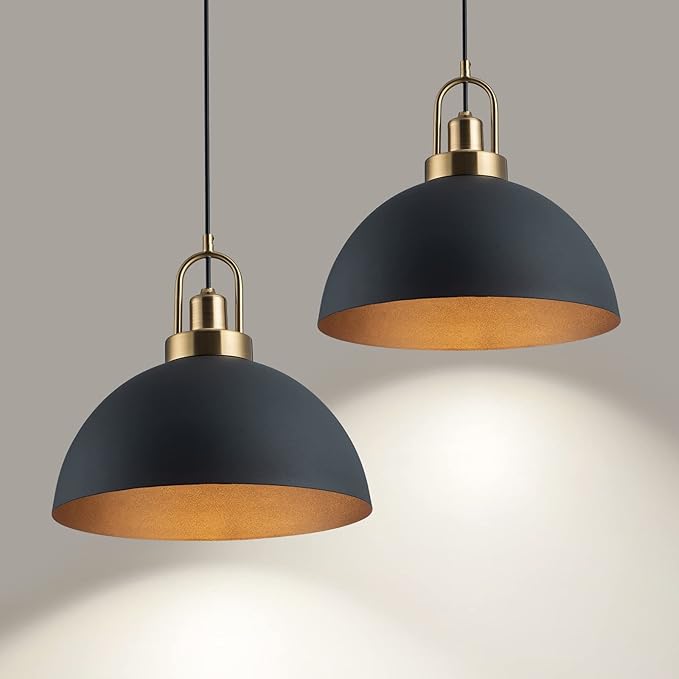 2 Vintage Industrial Pendant Light 13.58 "Dome Black and Gold Chandelier Lighting Brass Socket Chandelier line Length 78.74" Bedroom, Kitchen Island, Porch, Garage, 2 Packages
