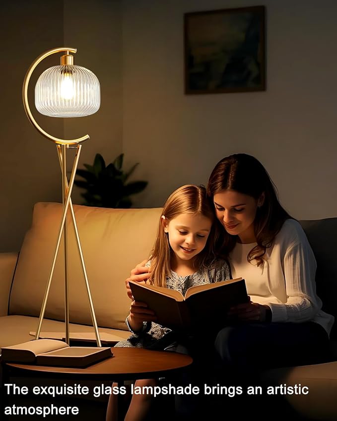Lightdot Tripod Floor Lamp for Living Room, Gold Standing Lamp with Clear Glass Lampshade, Farmhouse Tall Lamp for Bedroom, Arced Reading Light for Home Office/Sofa Beside/Corner Decor(Bulb Included)