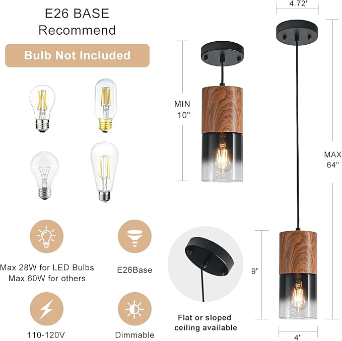 3-Pack Modern Pendant Lights for Kitchen Island, Adjustable Black Pendant Light Fixtures with Brown Wood Grain, Industrial Glass Pendant Lights for Dining Table Hallway Bedroom Living Room