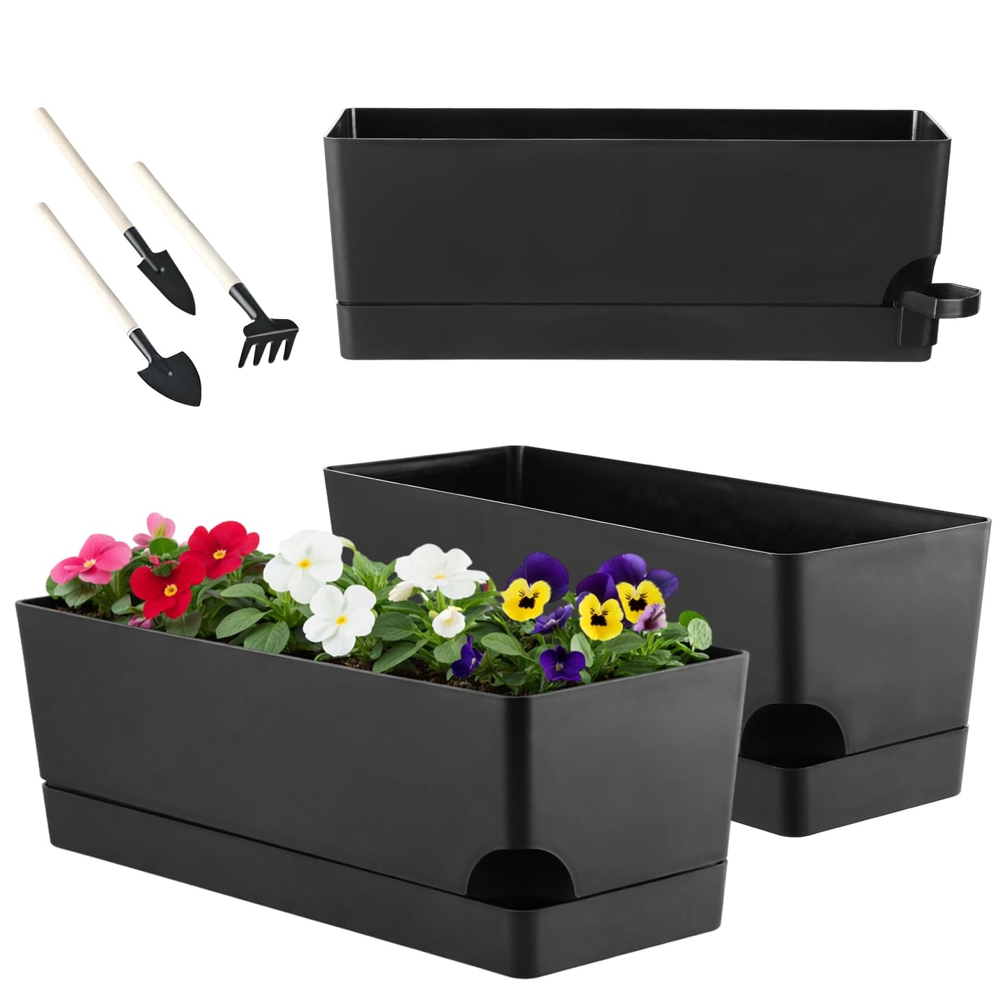 Party Zealot Self Watering Pots for Indoor Plants, 3 Pack Window Boxes Planters 17 Inch Rectangular Planter Rectangle Flower Pots Long Plant Pot Large Window Sill Herb Planter Box, Black